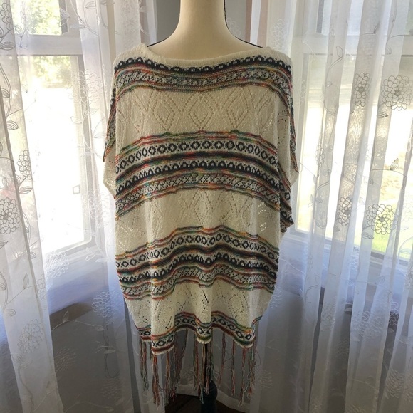 Molly bracken poncho cream/striped/tassels SZ L - Picture 4 of 9
